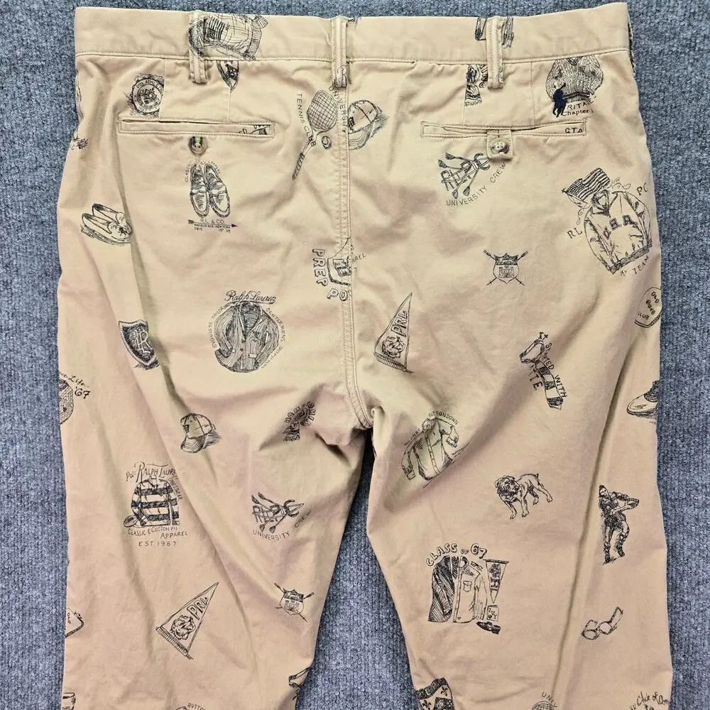 Polo Ralph Lauren Pants Mens 36x30 Khaki Collegiate All Over Print Stretch Chino